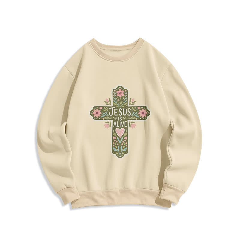 Christianartworkshop Sudadera cómoda de cuello redondo con cruz floral "Jesús está vivo" - Beige - 2XL - image 4