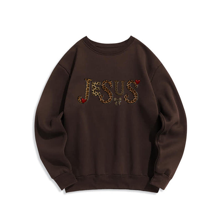 Christianartworkshop Sudadera polar de cuello redondo con lazo y corazón de leopardo de Jesús - Marrón - 2XL - image 4