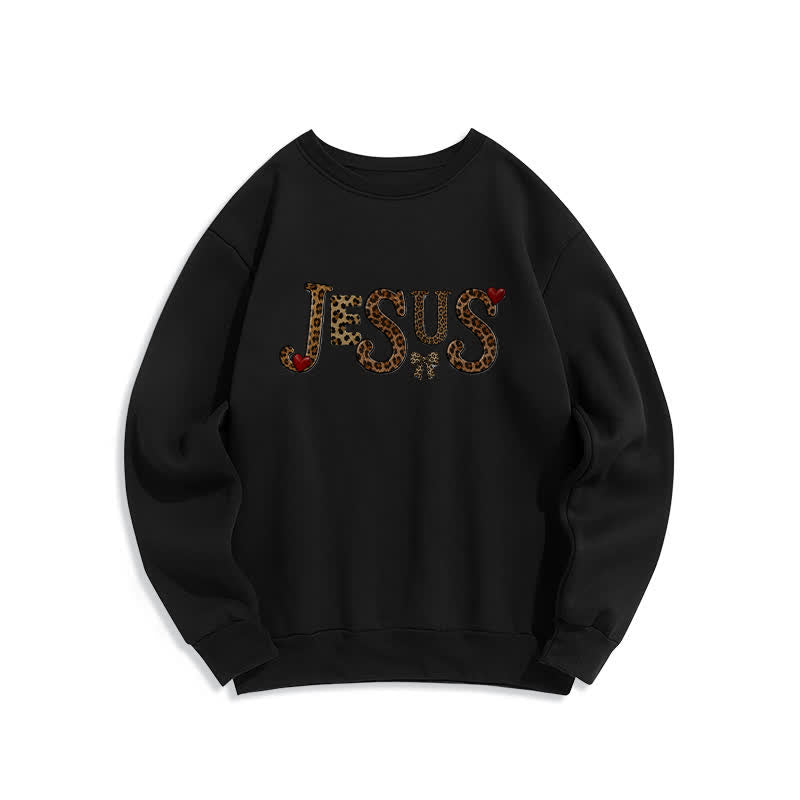 Christianartworkshop Sudadera polar de cuello redondo con lazo y corazón de leopardo de Jesús - Negro - 2XL - image 1