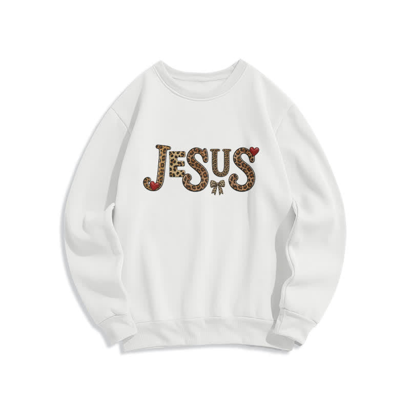 Christianartworkshop Sudadera polar de cuello redondo con lazo y corazón de leopardo de Jesús - Blanco - 2XL - image 0