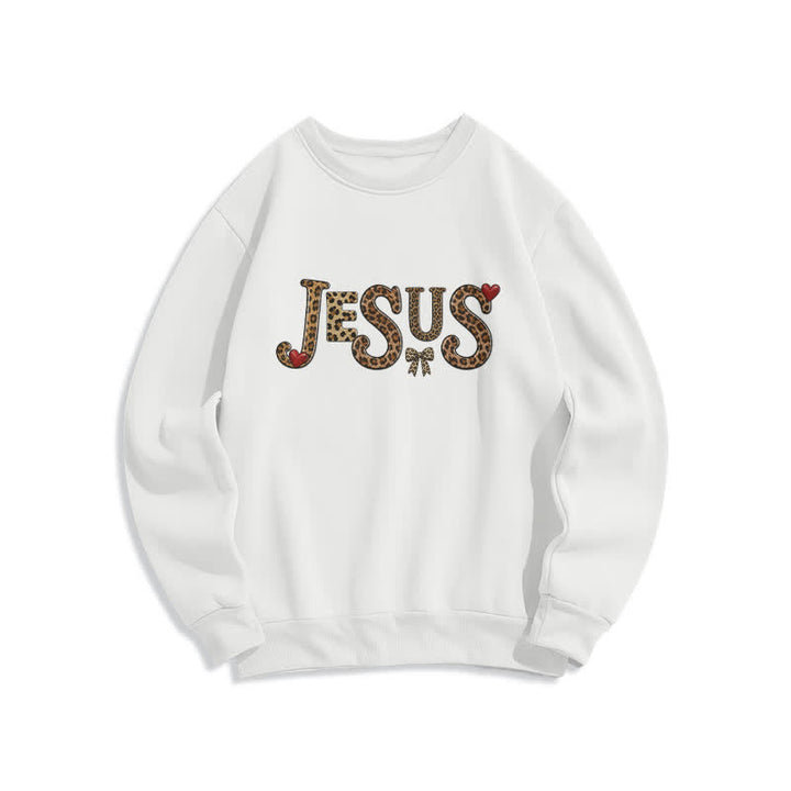 Christianartworkshop Sudadera polar de cuello redondo con lazo y corazón de leopardo de Jesús - Blanco - 2XL - image 0