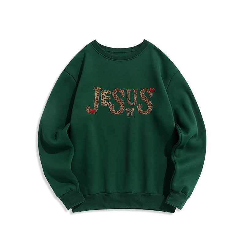 Christianartworkshop Sudadera polar de cuello redondo con lazo y corazón de leopardo de Jesús - Verde - 2XL - image 3
