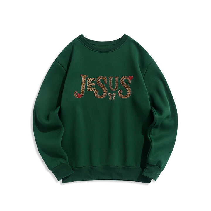 Christianartworkshop Sudadera polar de cuello redondo con lazo y corazón de leopardo de Jesús - Verde - 2XL - image 3