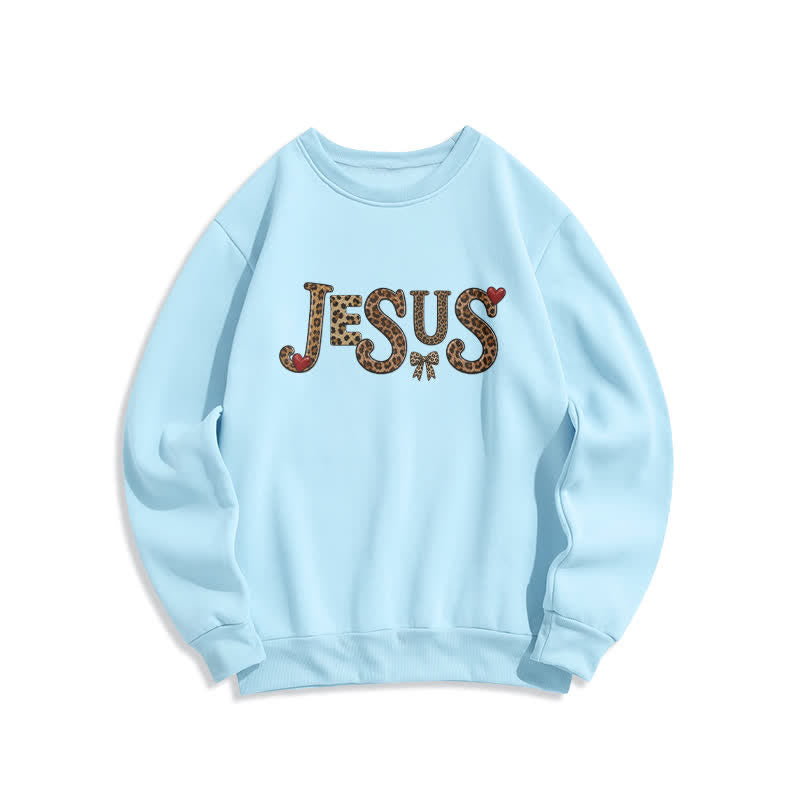 Christianartworkshop Sudadera polar de cuello redondo con lazo y corazón de leopardo de Jesús - Azul - 2XL - image 5