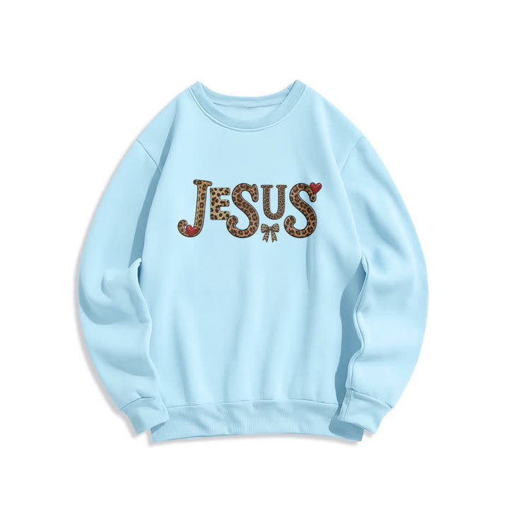 Christianartworkshop Sudadera polar de cuello redondo con lazo y corazón de leopardo de Jesús - Azul - 2XL - image 5