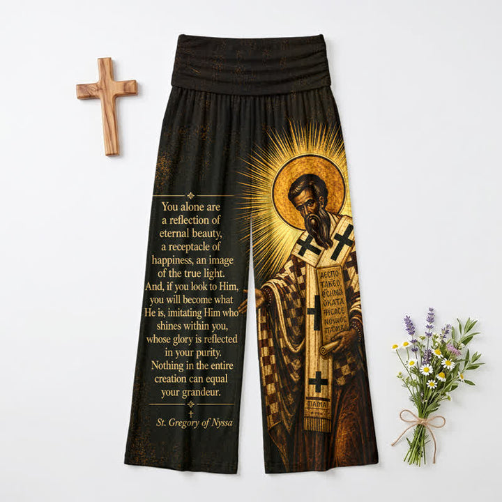 Christianartworkshop Pantalones de mujer de talle alto y pierna ancha con icono de santo dorado y escritura. - EE. UU. 22, Reino Unido/Australia 26, UE 54 - image 0