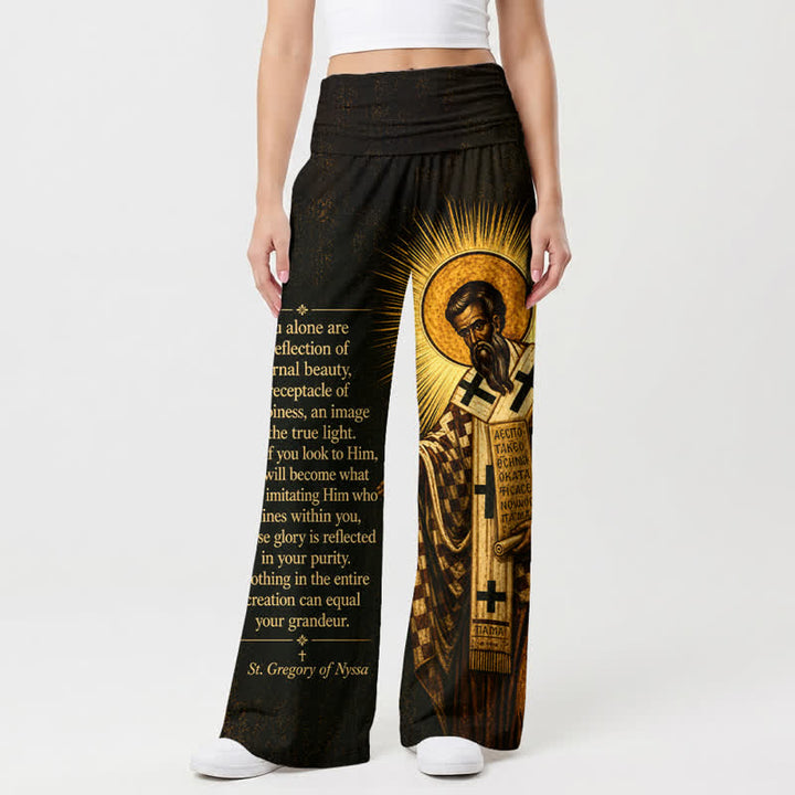 Christianartworkshop Pantalones de mujer de talle alto y pierna ancha con icono de santo dorado y escritura. - image 1