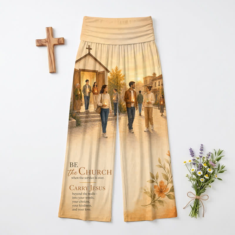 Christianartworkshop Pantalones de pierna ancha para mujer con estampado escénico "Be The Church" - EE. UU. 22, Reino Unido/Australia 26, UE 54 - image 0