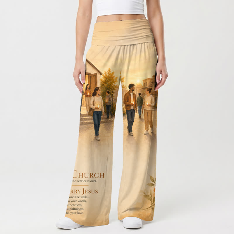 Christianartworkshop Pantalones de pierna ancha para mujer con estampado escénico "Be The Church" - image 1