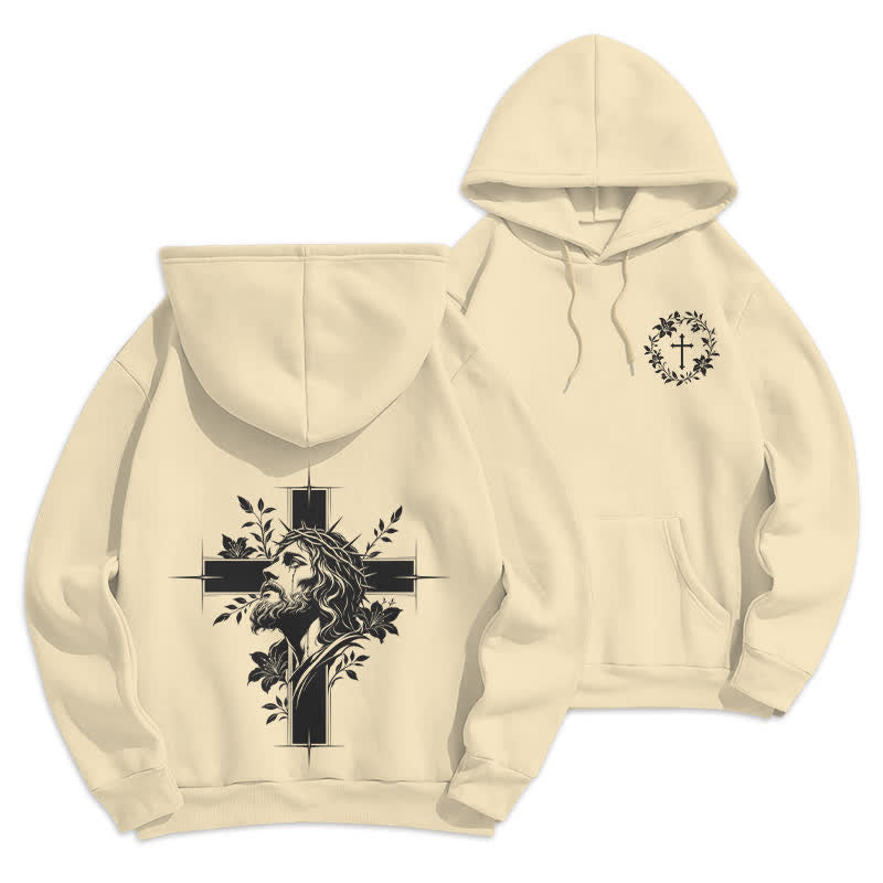 Christianartworkshop Sudadera con capucha forrada de felpa con estampado de corona cruzada en la espalda - Beige - 2XL - image 12