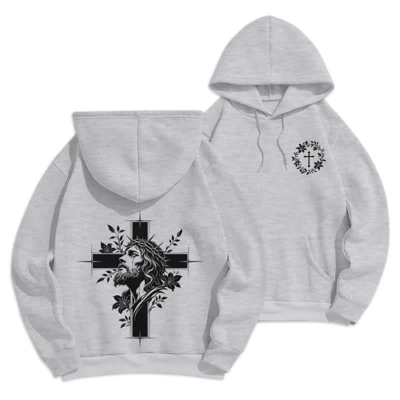 Christianartworkshop Sudadera con capucha forrada de felpa con estampado de corona cruzada en la espalda - Gris - 2XL - image 9