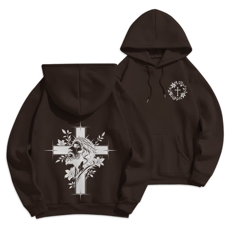 Christianartworkshop Sudadera con capucha forrada de felpa con estampado de corona cruzada en la espalda - Marrón - 2XL - image 3