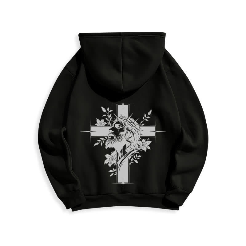 Christianartworkshop Sudadera con capucha forrada de felpa con estampado de corona cruzada en la espalda - image 1