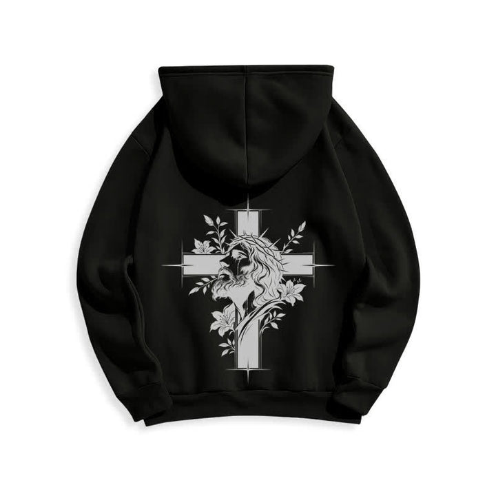 Christianartworkshop Sudadera con capucha forrada de felpa con estampado de corona cruzada en la espalda - image 1
