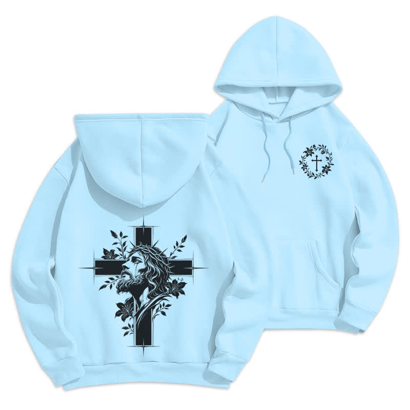 Christianartworkshop Sudadera con capucha forrada de felpa con estampado de corona cruzada en la espalda - Azul - 2XL - image 21