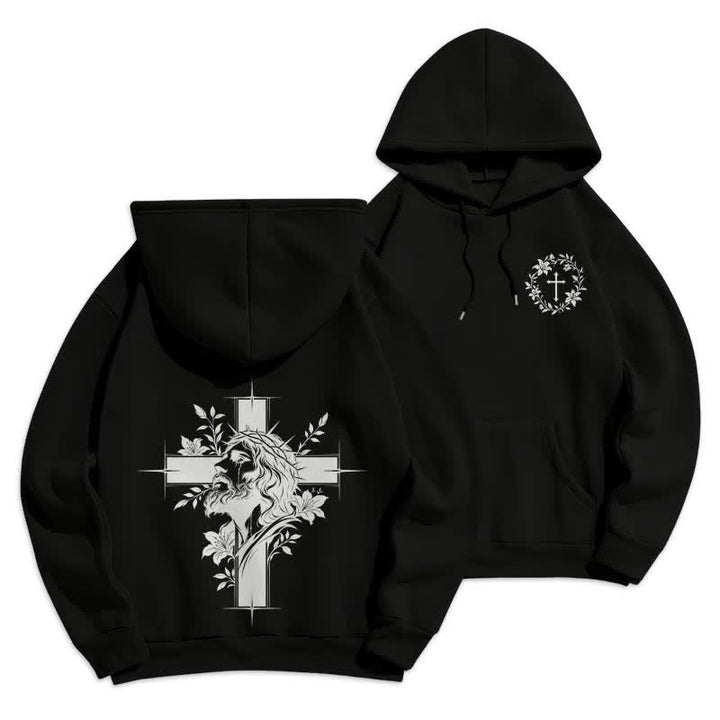 Christianartworkshop Sudadera con capucha forrada de felpa con estampado de corona cruzada en la espalda - Negro - 2XL - image 0