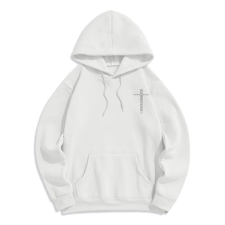Christianartworkshop Sudadera blanca con capucha forrada de felpa y estampado de la Cruz de los Proverbios - image 2