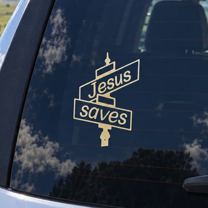 Christianartworkshop Elegante pegatina para coche con la frase "Jesús salva" en un poste de la calle: símbolo de la dulce salvación divina. - Juego de 10 - image 0