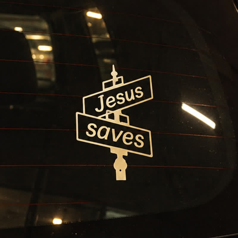 Christianartworkshop Elegante pegatina para coche con la frase "Jesús salva" en un poste de la calle: símbolo de la dulce salvación divina. - image 1