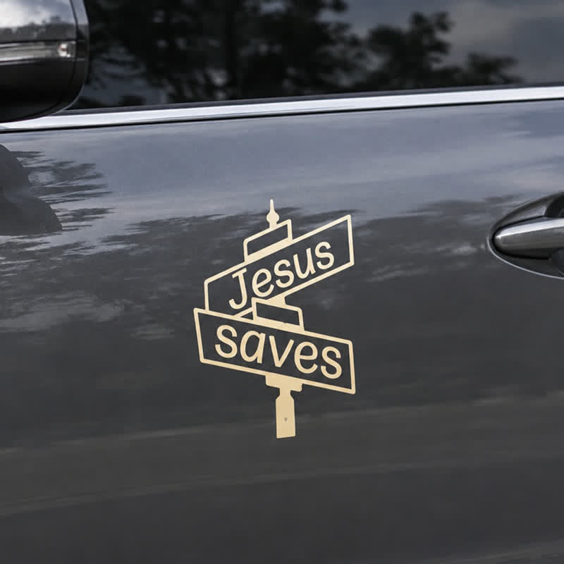 Christianartworkshop Elegante pegatina para coche con la frase "Jesús salva" en un poste de la calle: símbolo de la dulce salvación divina. - image 2