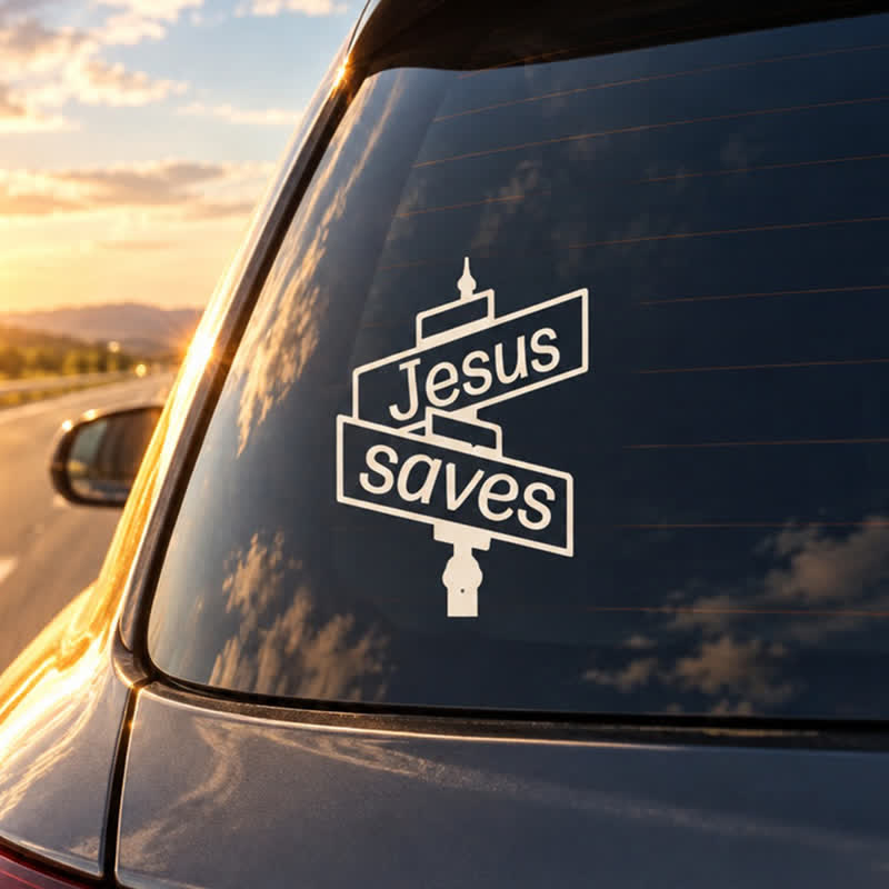 Christianartworkshop Elegante pegatina para coche con la frase "Jesús salva" en un poste de la calle: símbolo de la dulce salvación divina. - image 4