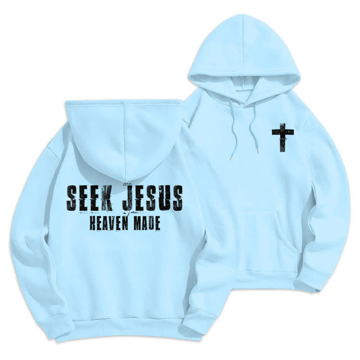 Christianartworkshop Sudadera con capucha forrada de felpa con estampado desgastado "Busca a Jesús" - Azul - 2XL - image 18