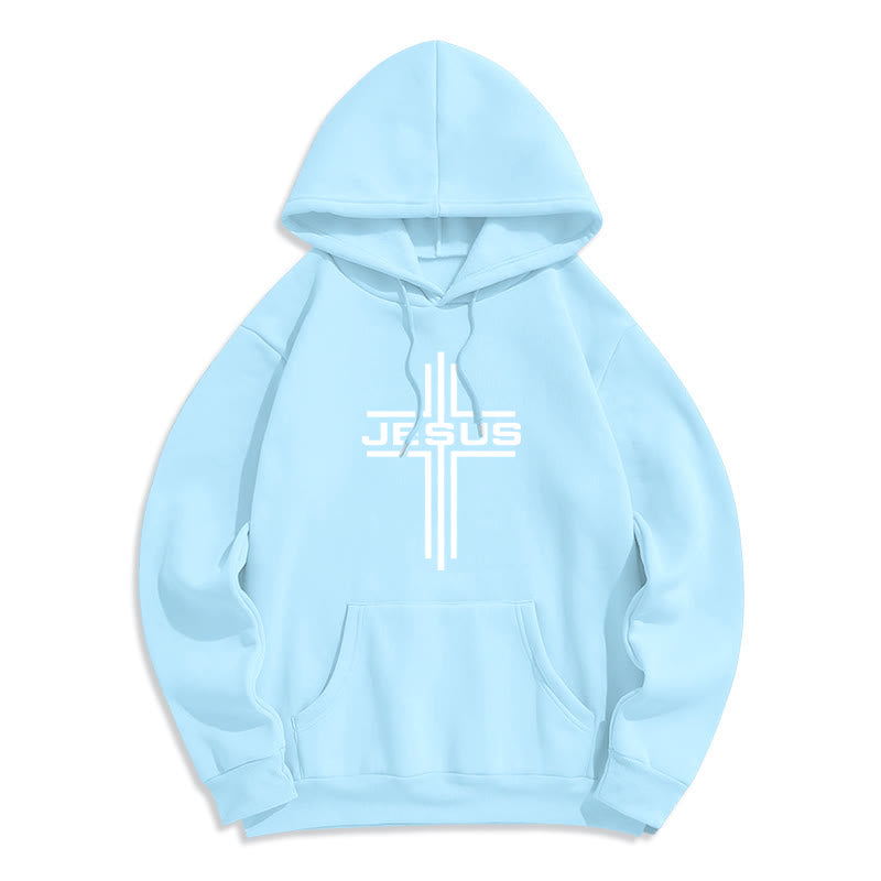 Christianartworkshop Sudadera con capucha estilo streetwear con forro polar y cruz de Jesús - Azul - 2XL - image 2