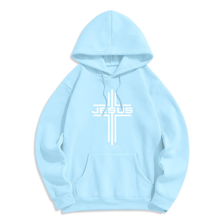 Christianartworkshop Sudadera con capucha estilo streetwear con forro polar y cruz de Jesús - Azul - 2XL - image 2