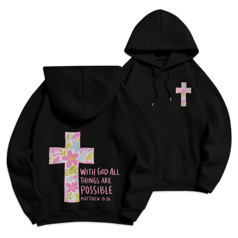Christianartworkshop Sudaderas con capucha y cruz floral: Con Dios todo es posible. - Negro - 2XL - image 0