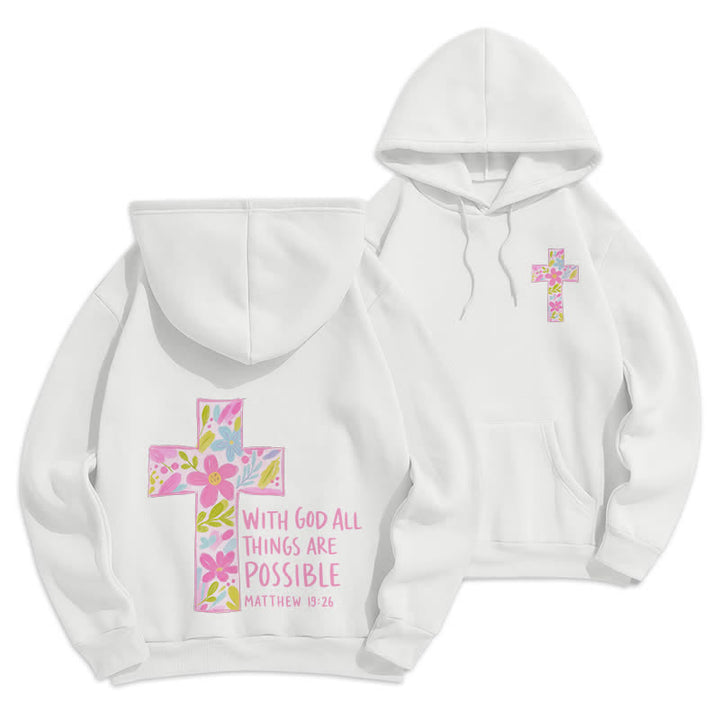 Christianartworkshop Sudaderas con capucha y cruz floral: Con Dios todo es posible. - Blanco - 2XL - image 3