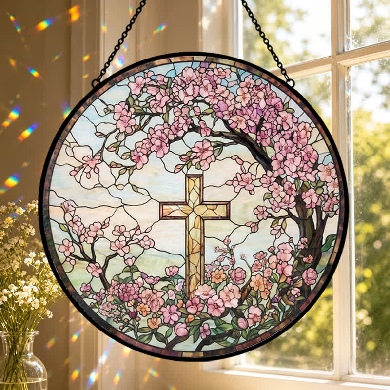 Christianartworkshop Atrapasueños de cristal con forma de cruz floral para jardín: emblema de radiantes bendiciones celestiales. - image 0