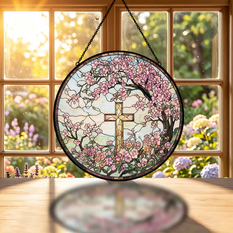 Christianartworkshop Atrapasueños de cristal con forma de cruz floral para jardín: emblema de radiantes bendiciones celestiales. - image 1