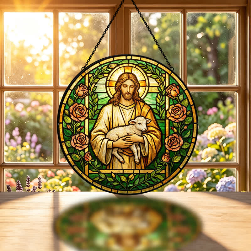 Christianartworkshop Atrapasueños de cristal del Buen Pastor Jesús: Emblema de la tierna misericordia celestial - image 1