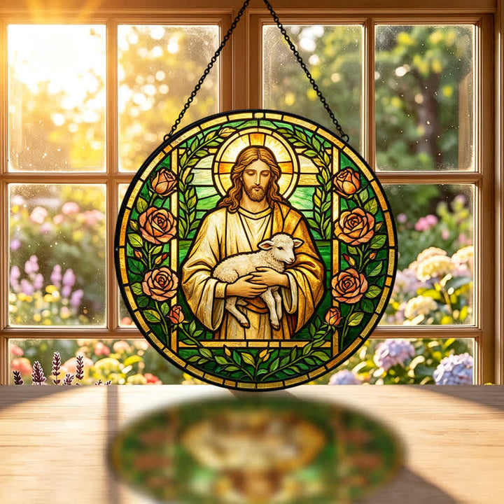 Christianartworkshop Atrapasueños de cristal del Buen Pastor Jesús: Emblema de la tierna misericordia celestial - image 1