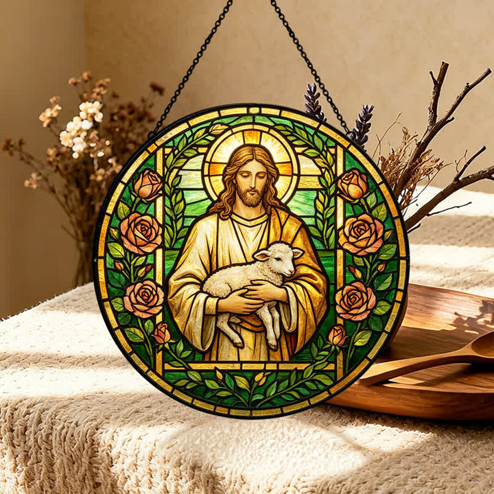 Christianartworkshop Atrapasueños de cristal del Buen Pastor Jesús: Emblema de la tierna misericordia celestial - image 4