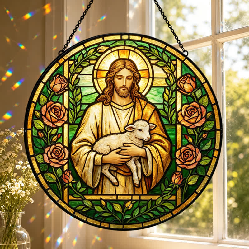 Christianartworkshop Atrapasueños de cristal del Buen Pastor Jesús: Emblema de la tierna misericordia celestial - image 0