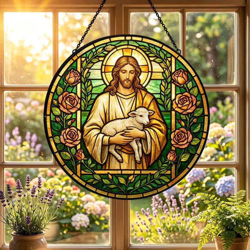 Christianartworkshop Atrapasueños de cristal del Buen Pastor Jesús: Emblema de la tierna misericordia celestial - image 5