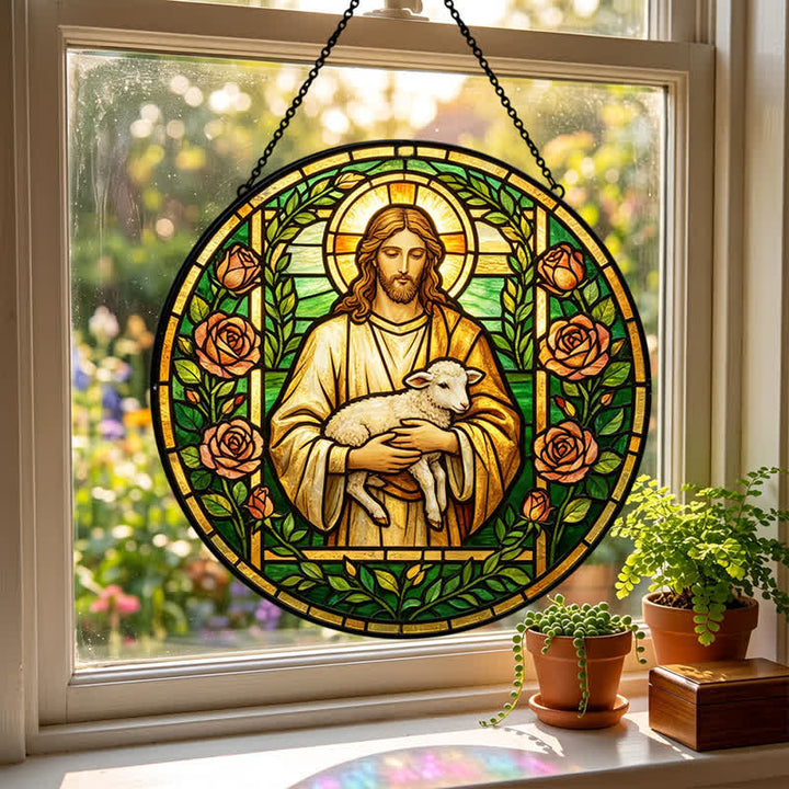 Christianartworkshop Atrapasueños de cristal del Buen Pastor Jesús: Emblema de la tierna misericordia celestial - image 2