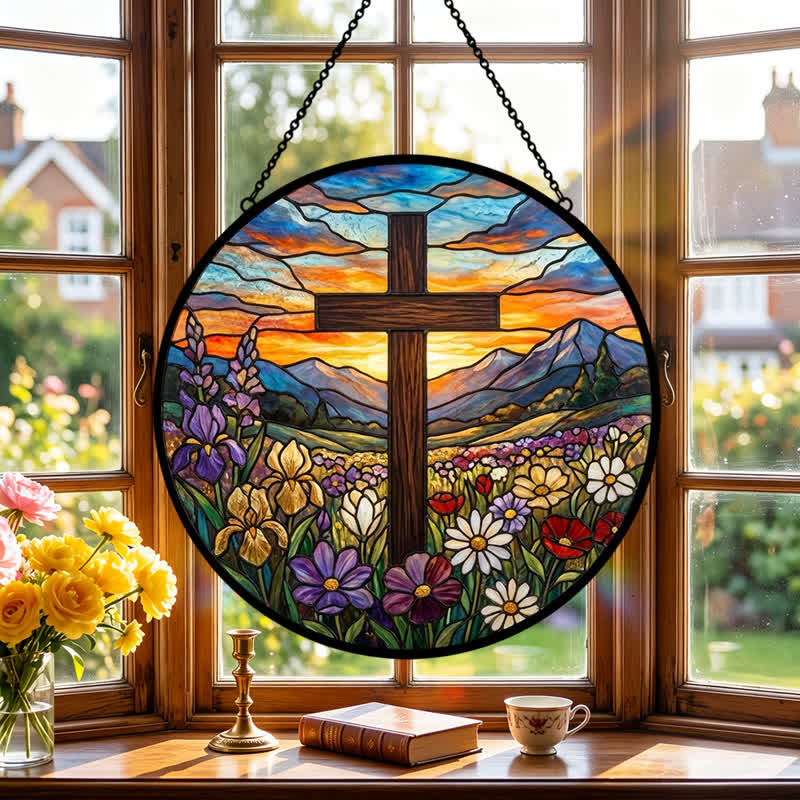 Christianartworkshop Atrapasueños de cristal con cruz en el prado del amanecer: emblema de la radiante esperanza celestial. - image 3