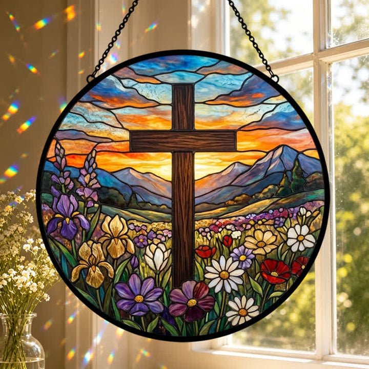 Christianartworkshop Atrapasueños de cristal con cruz en el prado del amanecer: emblema de la radiante esperanza celestial. - image 0