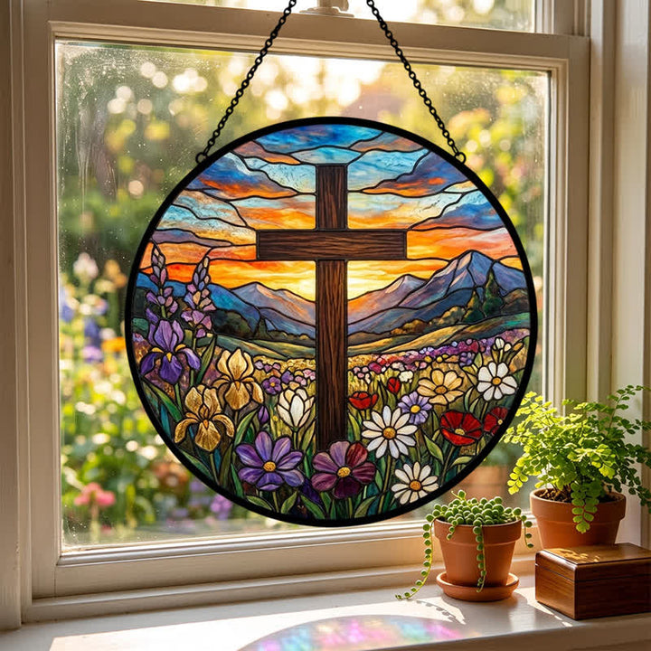 Christianartworkshop Atrapasueños de cristal con cruz en el prado del amanecer: emblema de la radiante esperanza celestial. - image 2