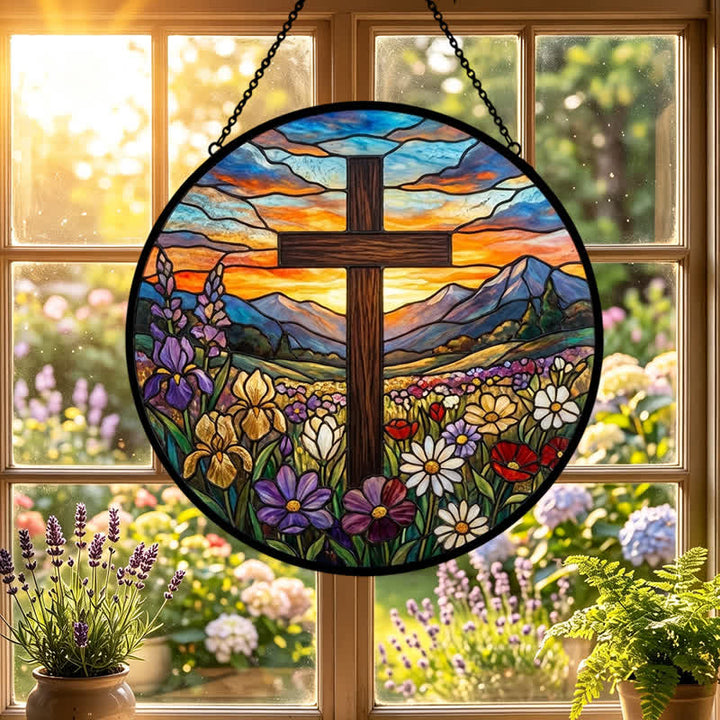 Christianartworkshop Atrapasueños de cristal con cruz en el prado del amanecer: emblema de la radiante esperanza celestial. - image 5