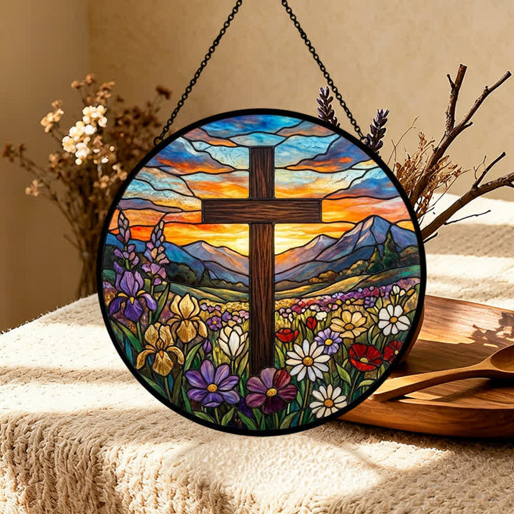 Christianartworkshop Atrapasueños de cristal con cruz en el prado del amanecer: emblema de la radiante esperanza celestial. - image 4
