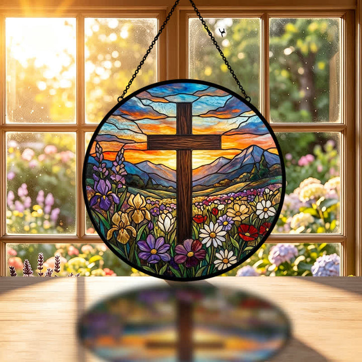 Christianartworkshop Atrapasueños de cristal con cruz en el prado del amanecer: emblema de la radiante esperanza celestial. - image 1
