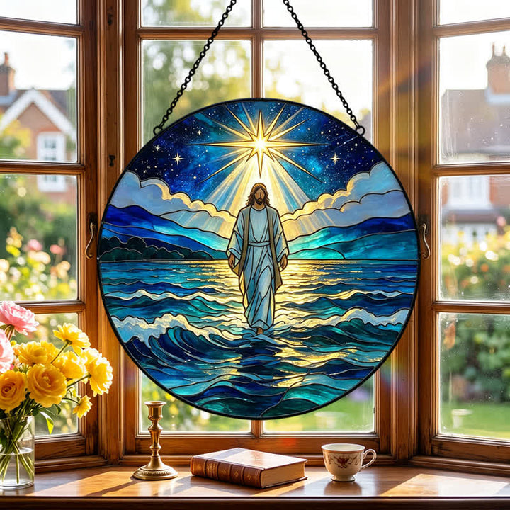 Christianartworkshop Atrapasueños de cristal de Jesús en el océano profundo de la noche: emblema de autoridad sagrada y tranquilizadora. - image 3