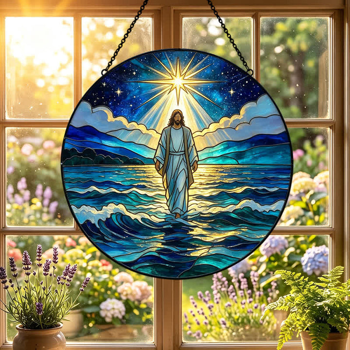 Christianartworkshop Atrapasueños de cristal de Jesús en el océano profundo de la noche: emblema de autoridad sagrada y tranquilizadora. - image 5