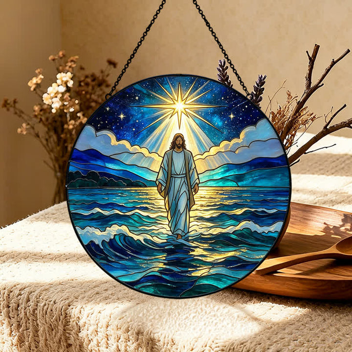 Christianartworkshop Atrapasueños de cristal de Jesús en el océano profundo de la noche: emblema de autoridad sagrada y tranquilizadora. - image 4