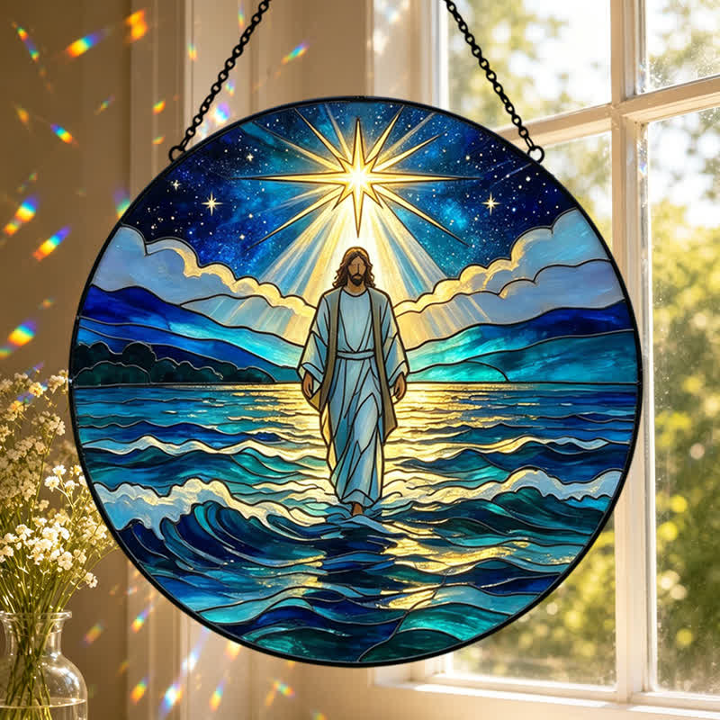 Christianartworkshop Atrapasueños de cristal de Jesús en el océano profundo de la noche: emblema de autoridad sagrada y tranquilizadora. - image 0