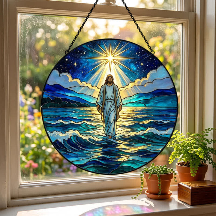 Christianartworkshop Atrapasueños de cristal de Jesús en el océano profundo de la noche: emblema de autoridad sagrada y tranquilizadora. - image 2