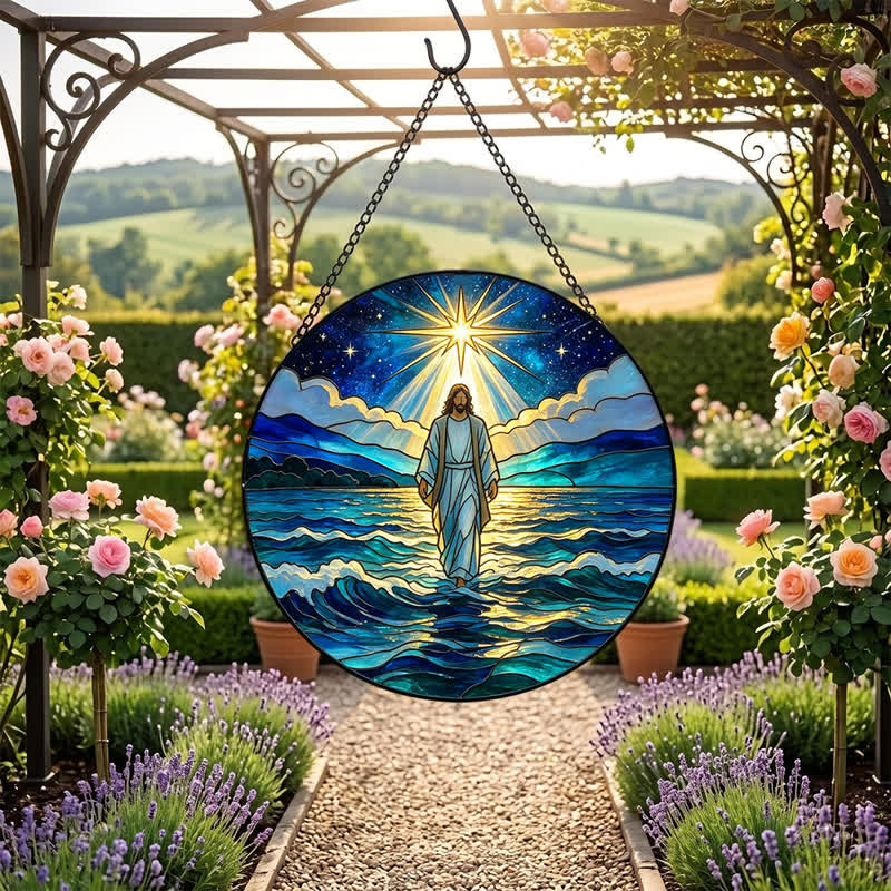 Christianartworkshop Atrapasueños de cristal de Jesús en el océano profundo de la noche: emblema de autoridad sagrada y tranquilizadora. - image 6
